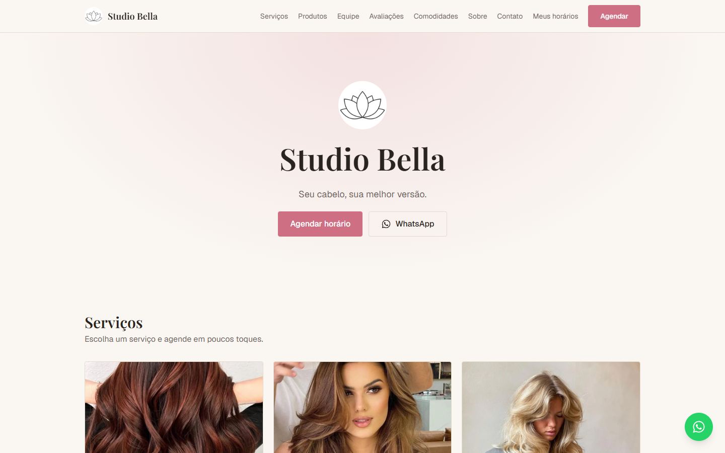 Página inicial do site do Studio Bella